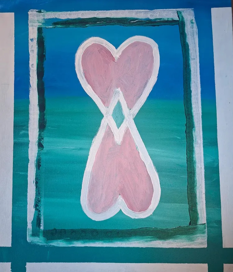 Harbour Heart by William Roche, a pink heart form framed by teal and blue paint