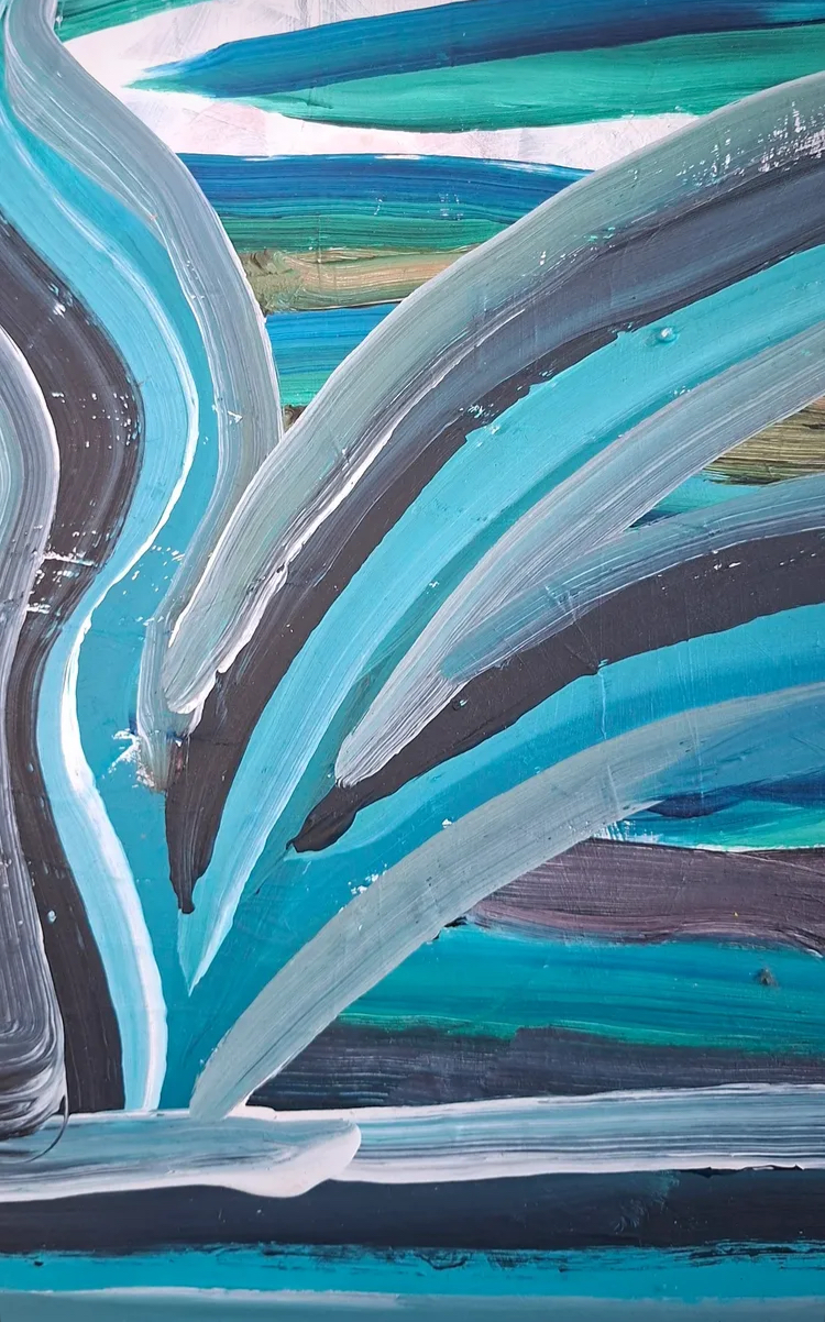 Tidal Sweep by William Roche, bold teal and grey brushstrokes crossing a striped ground