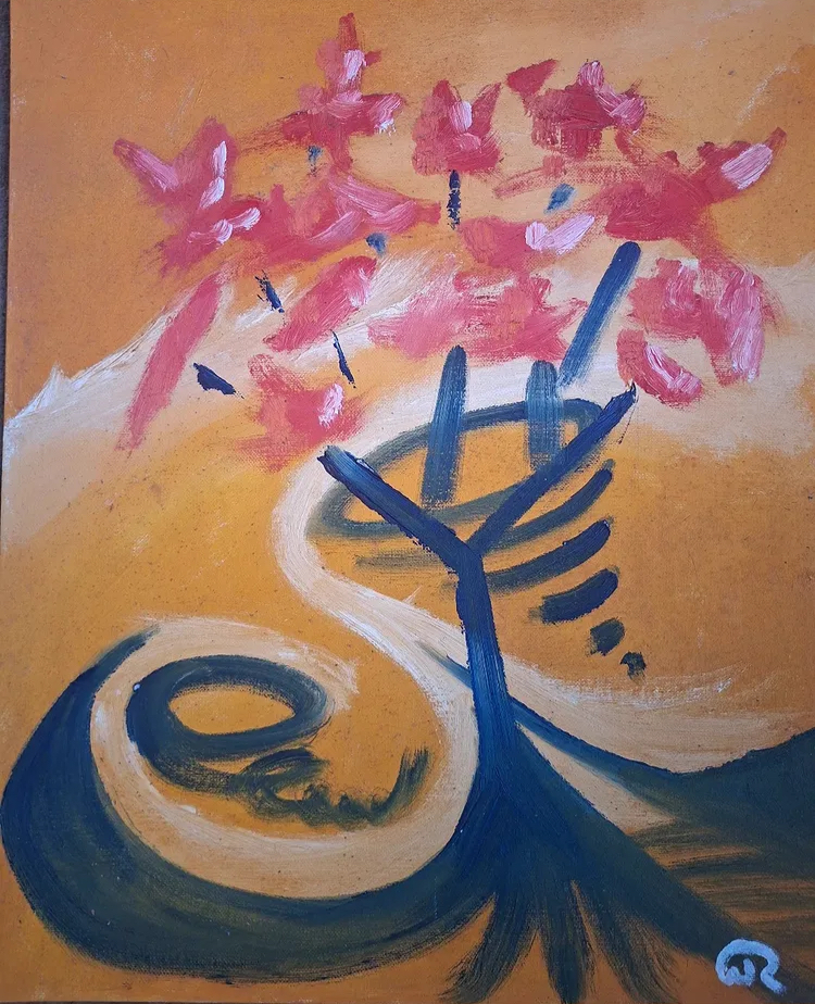 Blossom Road by William Roche, pink blossoms and dark blue tree forms over warm ochre
