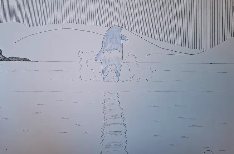Quiet Crossing by William Roche, pale line drawing of a figure or dolphin form breaking water