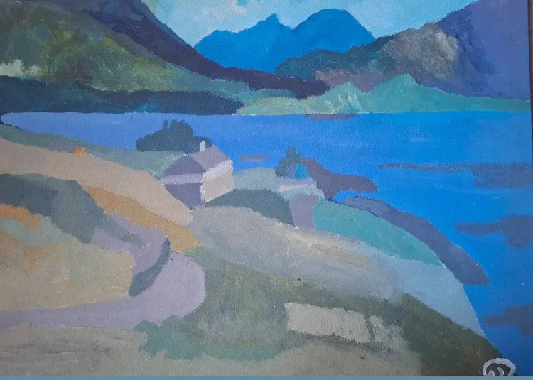 Blue Shore House by William Roche, blue lake landscape with mountains and a small white house