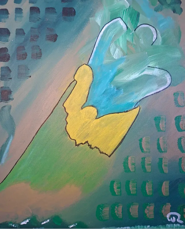 Yellow Signal by William Roche, gold outlined shape with teal brushwork and patterned marks