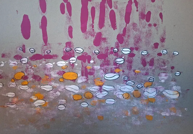 Rain Garden by William Roche, magenta drips above white and orange oval marks