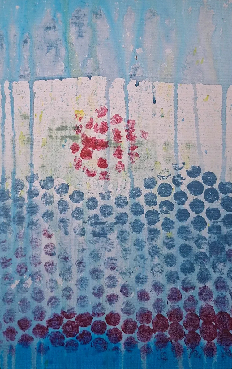 Pale Orchard by William Roche, blue and white patterned surface with red and dark circular marks