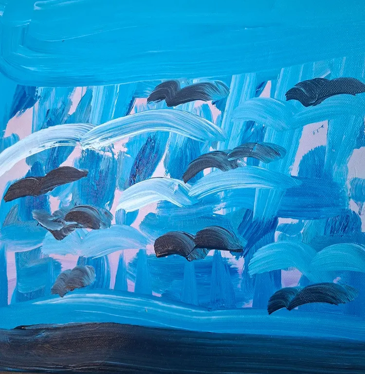 Blue Flight by William Roche, layered blue brushstrokes with dark bird-like marks