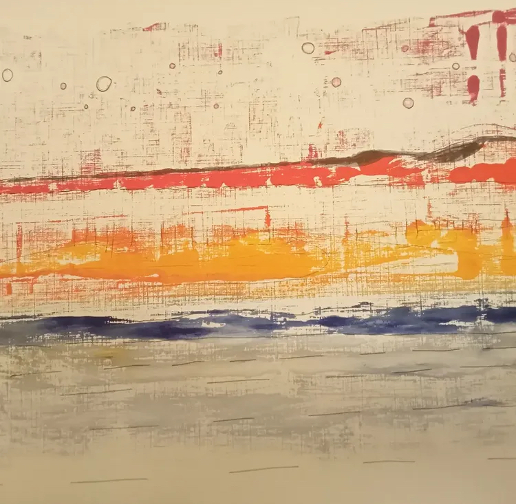William Roche abstract painting with red, ochre, blue, and black horizontal marks across a pale ground