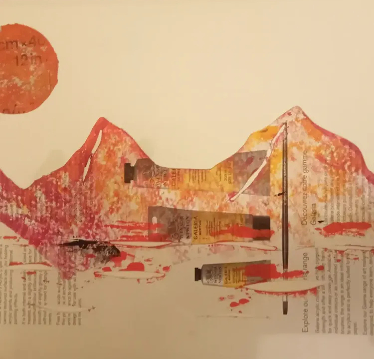 Mixed media mountain shape in red and orange over torn text fragments