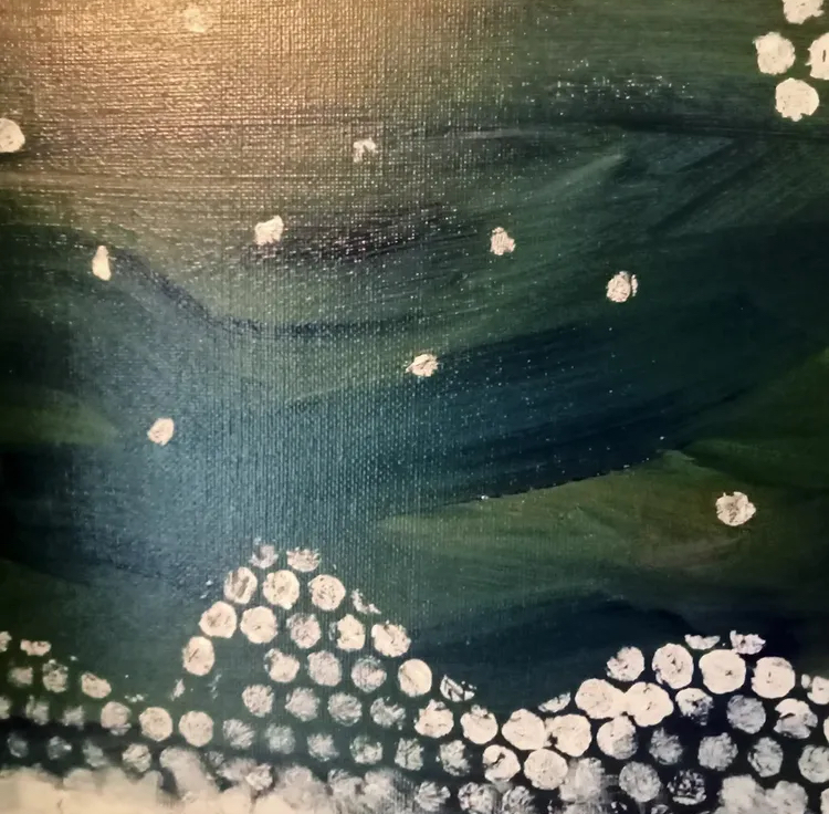 Dark green abstract painting with scattered white circular marks