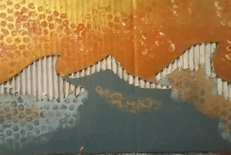 Mixed media abstract artwork by William Roche with ochre, teal, and corrugated texture