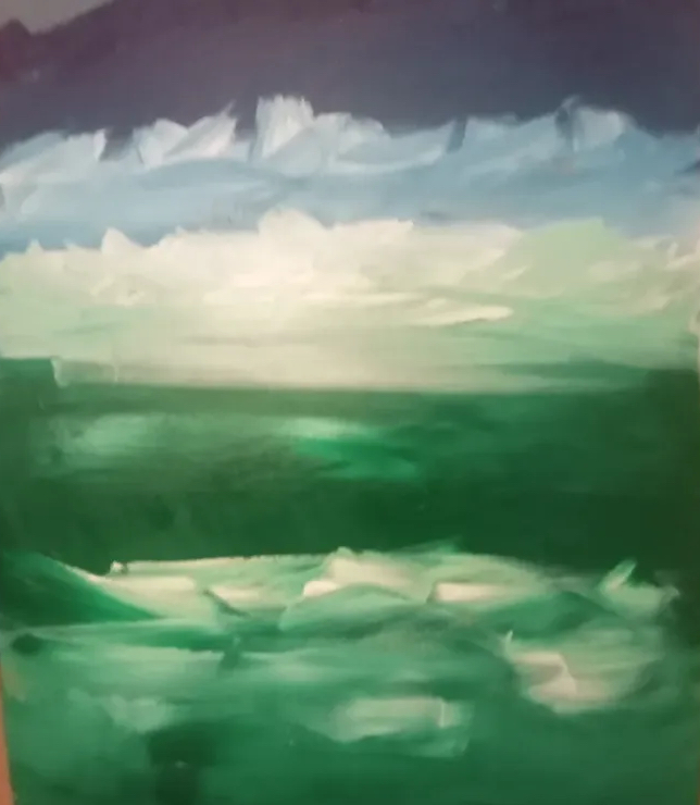 Green and white abstract seascape with violet upper band