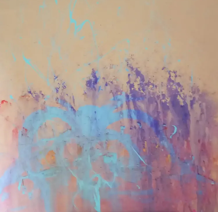 Pastel abstract painting with turquoise arcs, violet marks, and peach ground